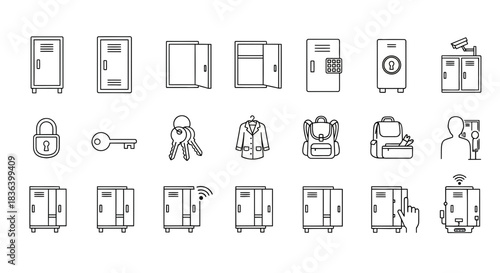 Locker and Storage System Line Icons Set: Featuring Padlocks, Keys, Backpacks, Security, and Smart Digital Lockers