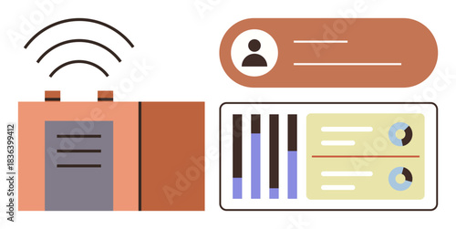 Card reader interacts with user profile, displaying bar charts and data panels. Ideal for business, technology, access control, security, data visualization, identity management, flat metaphor