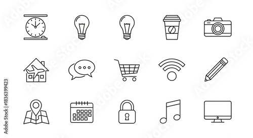 Diverse Essential Outline Icons Set for Web and Mobile UI/UX Design, Covering Technology, Business, and Daily Life Concepts.