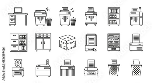 Outline Icons Set for Office Furniture, Document Management, and Data Destruction, Featuring Shredders, Filing Cabinets, and Desks.