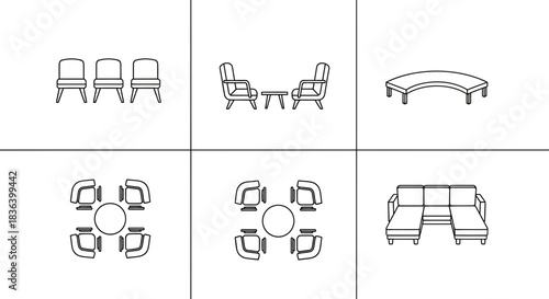 Outline Icons of Office and Lounge Furniture Layouts: Chairs, Sofas, Tables, and Seating Arrangements for Architectural Floor Plans.