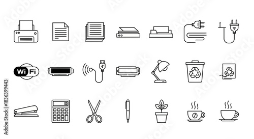Black line icons set of office supplies, technology devices, and business accessories for web design and presentations.