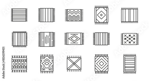 Collection of Line Icons Featuring Various Patterned Rugs, Carpets, and Mats with Geometric and Striped Designs