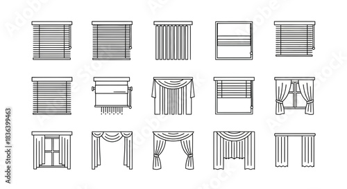 Window Blinds and Curtains Line Icons Set: Various Interior Shading and Drapery Symbols for Home Decor