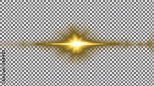 Focused sharp golden yellow horizontal lens flare effect with intense starburst center and radiant light beam, vibrant warm illumination element on transparent PNG background.