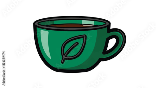 Green tea cup with leaf symbol illustration.