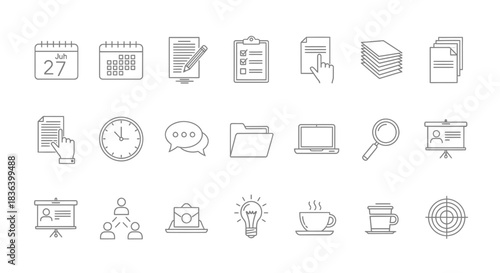 Business and Office Productivity Icon Set: Planning, Communication, Strategy, and Management Symbols Collection
