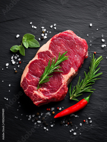 raw ribeye steak with rosemary sprigs, chili pepper and coarse salt on a dark slate background, perfect for restaurant menus, butcher shop promotions, recipe blogs, cooking tutorials and food packagin
