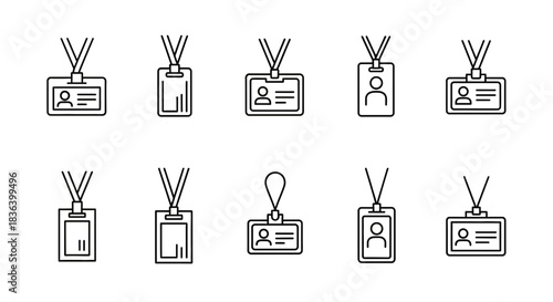 Line Icons Set of ID Badges, Access Cards, and Security Identification Tags with Lanyards