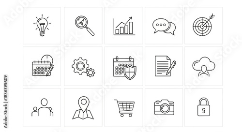 Business, Marketing, and Technology Outline Icons Set: Strategy, Analysis, Communication, and Security Vector Graphics