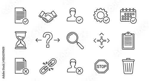 Outline Icons Set for Business, Management, Status Indicators, and Web UI Operations