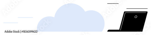 Cloud computing, data storage, remote work, online collaboration, technology solutions, file sharing. Simplified cloud icon next to a laptop. Cloud computing and data storage concept