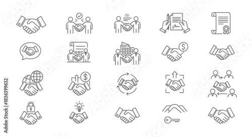 Business Partnership and Agreement Line Icons Set: Handshake, Deal, Contract, Finance, and Corporate Collaboration Symbols