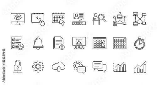 Outline Icons Set for Business Management, Technology, Communication, Scheduling, and Analytics Interface Elements