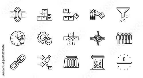 Workflow and Logistics Management Line Icons Set: Featuring Supply Chain, Time, Barriers, Optimization, and Team Collaboration Concepts.