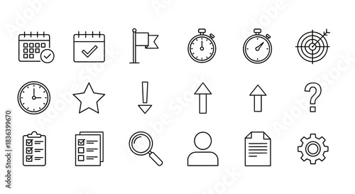 Productivity, Time Management, and Business Icons Set including Calendar, Target, Clock, and Settings in Outline Style.