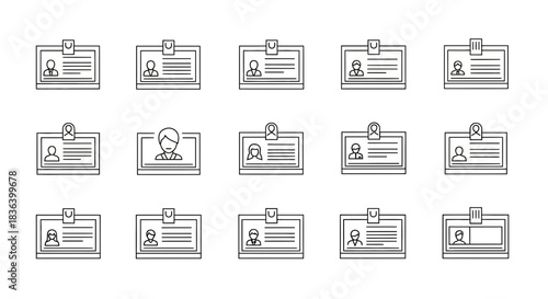 Line Icon Set of Identification Badges, ID Cards, Name Tags, and Security Access Passes