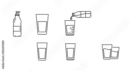 Outline Icons Set of Water, Drinks, and Glassware including Bottle, Pouring, and Filled Glasses