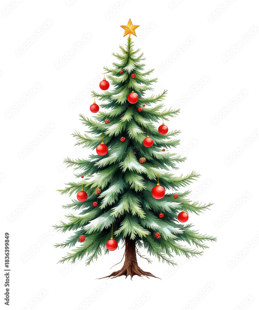 Fototapeta premium Festive evergreen christmas tree adorned with red baubles and a golden star, isolated on a transparent background for easy compositing. isolated on transparent background