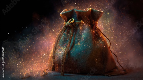 Magical leather pouch emitting colorful sparkles and shimmering dust against a dark background, creating a mystical and enchanting atmosphere for fantasy themes.