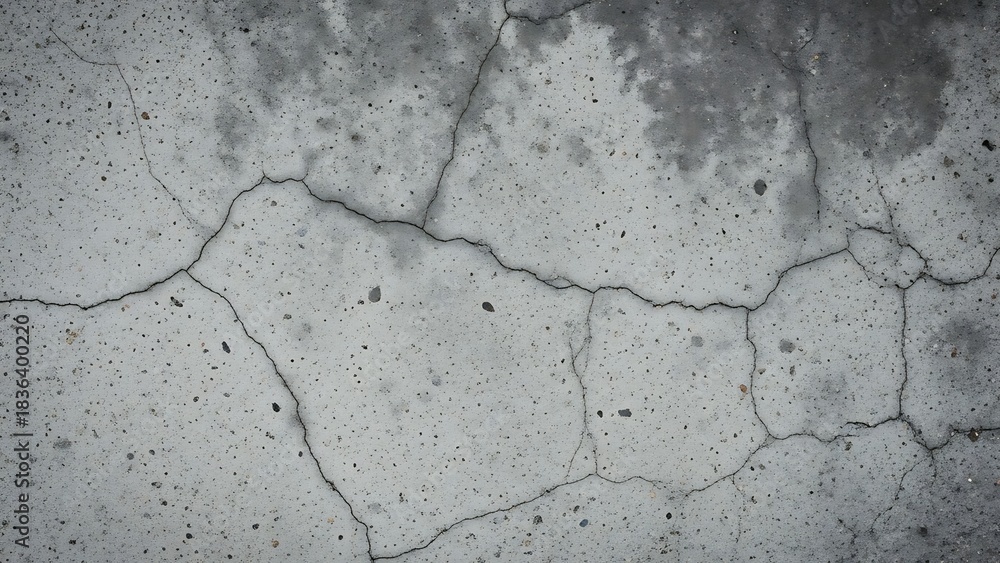 Fototapeta premium Close-up of concrete surface with extensive network of cracks and water stains, showcasing texture and wear