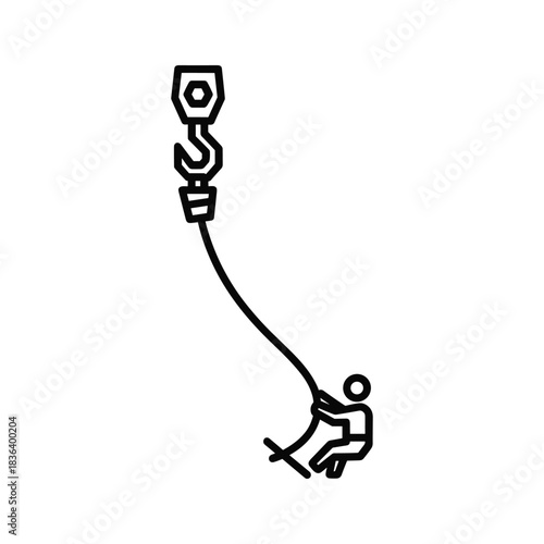 Person rappelling down a rope from a crane hook icon