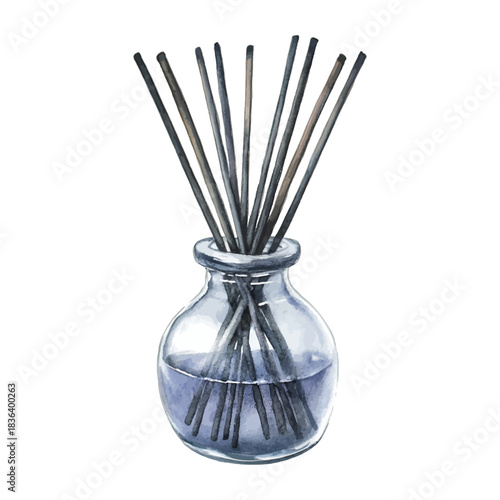 Watercolor reed diffuser with black sticks, home fragrance, vector
