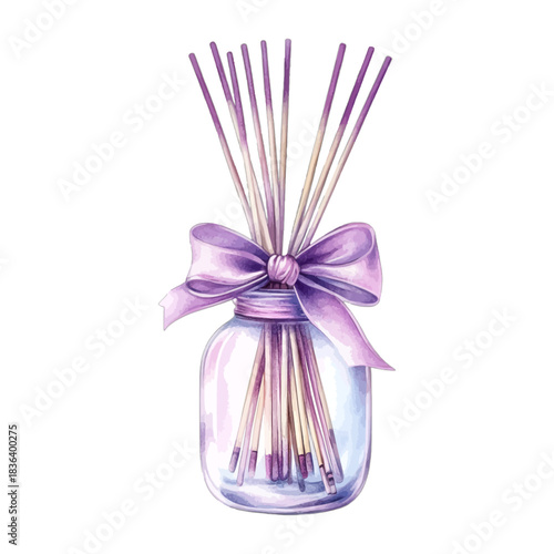 Watercolor lavender reed diffuser with purple bow, vector
