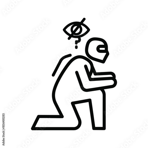 Privacy and Anonymity Concept: Kneeling Figure with Hidden Eye and Question Mark