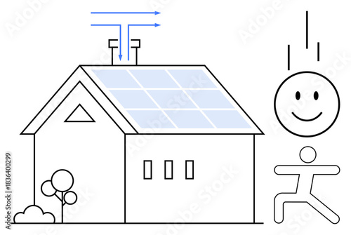 Renewable energy concept. Solar panels on a house sustainable clean energy. Renewable energy promotes eco-friendly solutions and environmental protection. For green tech, climate action, energy