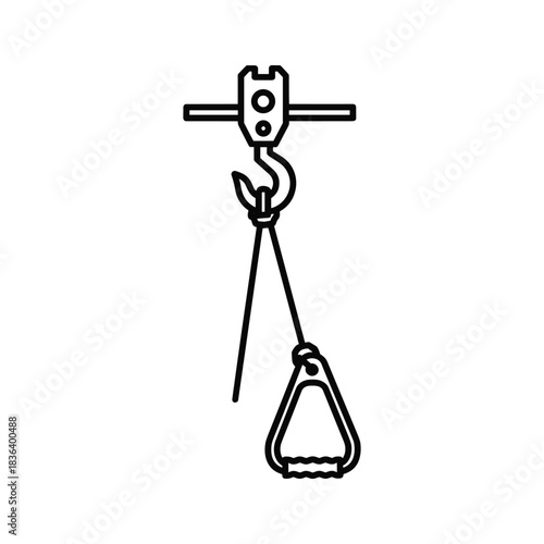 Outline icon of an industrial crane lifting hook with attached sling and grip handle