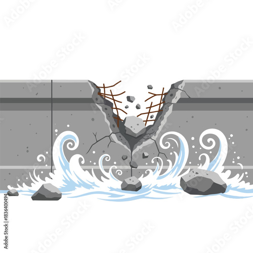 A concrete wall with a large V-shaped crack, rebar exposed, and water gushing out, causing splashing and debris.