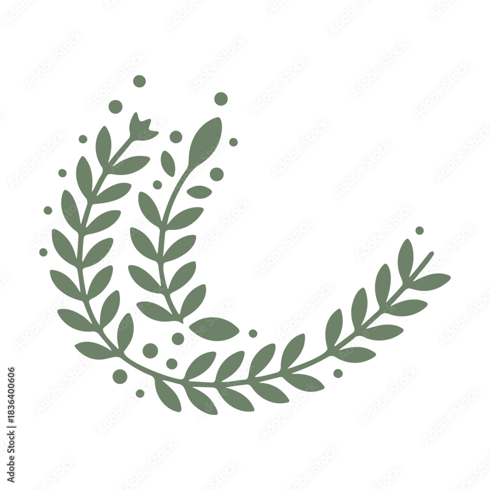Obraz premium Illustration of a botanical wreath with leaves and small dots arranged in a semi circular shape design