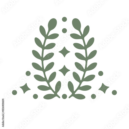 Illustration of symmetrical olive branches with small dots and diamond shapes on a white background