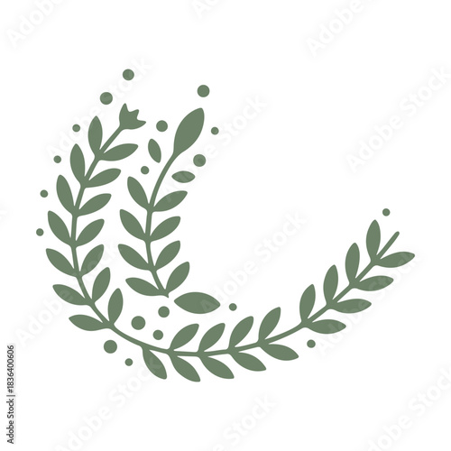 Illustration of a botanical wreath with leaves and small dots arranged in a semi circular shape design