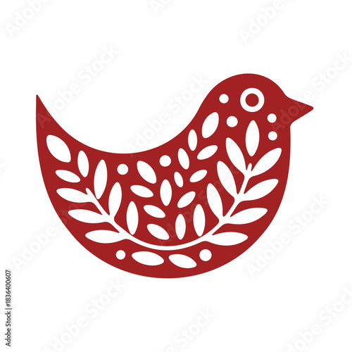 Illustration of a red bird with white leaf pattern on its body and a white circle for the eye