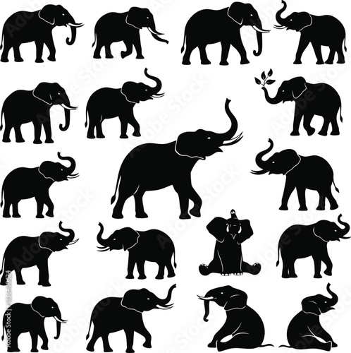 Elephant silhouette collection diverse poses and orientations on white