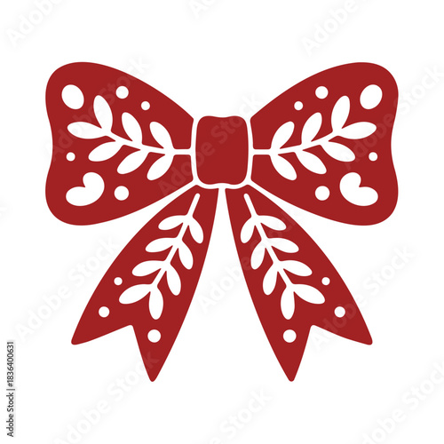 Illustration of a red decorative bow with leaf and heart cutouts for festive embellishments and gifts