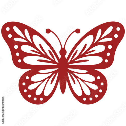Illustration of a red butterfly with intricate wing patterns and circular cutouts on a white background