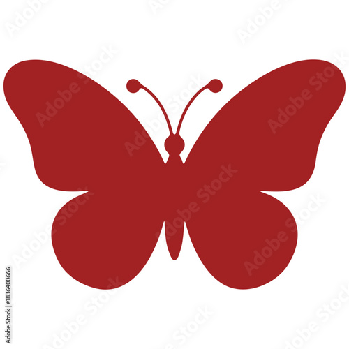 Dark red butterfly silhouette with rounded wings and antennae on a white background centered in the frame