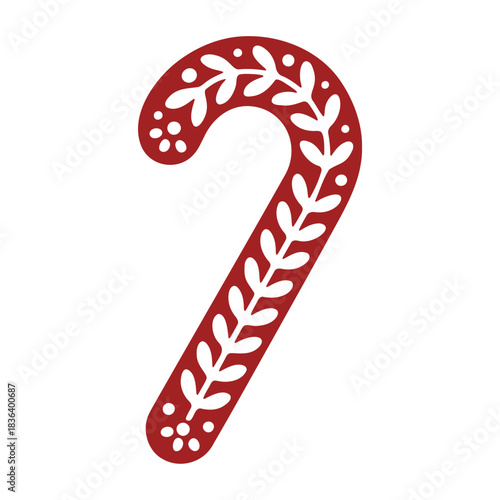 Illustration of a red candy cane decorated with white leaves and small white circles on a white background