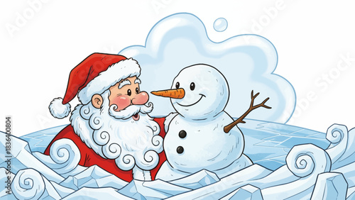 Santa Claus meets a snowman near a frozen lake and a warm cabin glowing with lights, creating a peaceful Christmas winter atmosphere