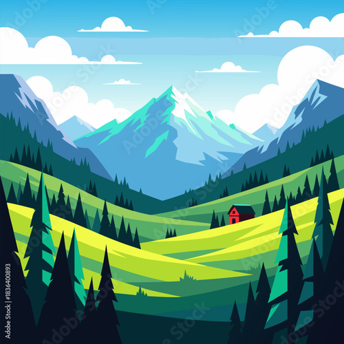 Vibrant vector illustration of a serene mountain landscape with a secluded red cabin nestled in a lush green valley during summer