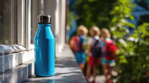Bright Blue Water Bottle on a Windowsill with Blurred Children Walking in the Background, Capturing a Summer Day Atmosphere in a Playful Outdoor Setting