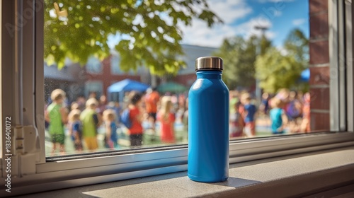 Close-up of a Blue Stainless Steel Water Bottle on a Windowsill with a Group of Children Playing Outside in a School Environment on a Sunny Day
