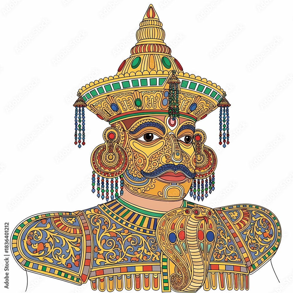 Fototapeta premium Exquisite Golden Masked Figure Adorned with Intricate Ornate Details and Cobra Symbolism Capturing Ancient Mystique