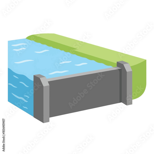 A simple illustration of a concrete dam holding back a blue body of water with green land on the bank.