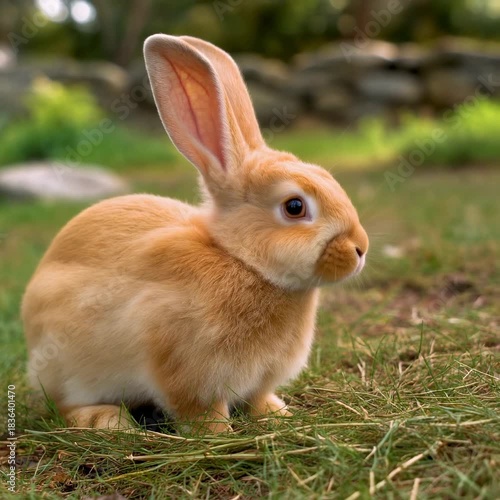 Rabbit eating grass and looking up in a lush green garden