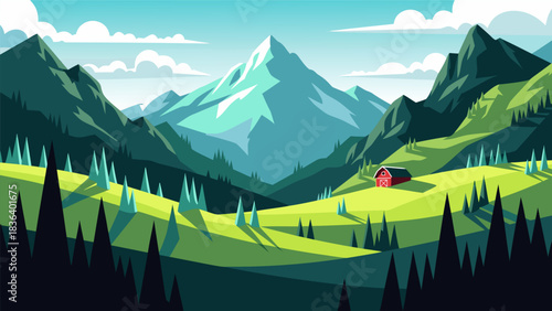 Serene Mountain Landscape with Green Hills and Cabin, Vector Illustration
