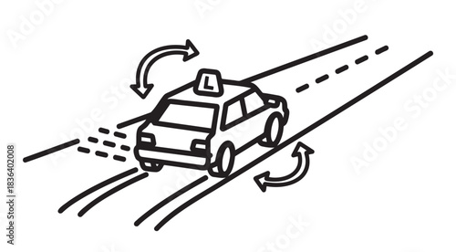 Car skidding on icy road with directional arrows — ideal for winter driving lessons and road safety content.